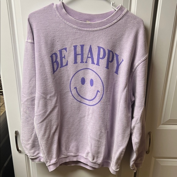 Chicka-D Tops - Chicka- D Purple 'Be Happy' Corded Crewneck, Small, Smiley Face